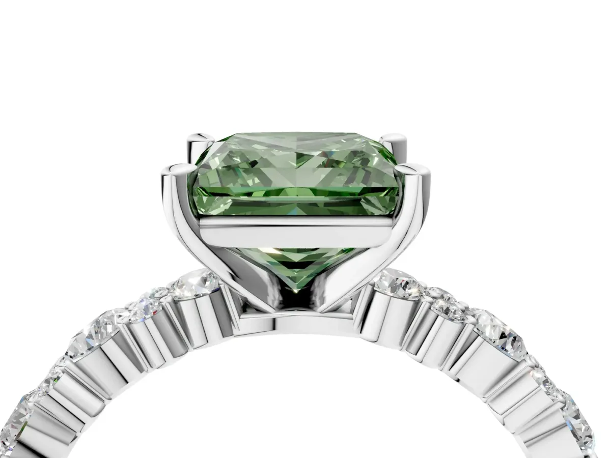 Fancy Green Princess Cut Diamond Side Stone Solitaire Ring with Round and Four-Prong Setting Platinum