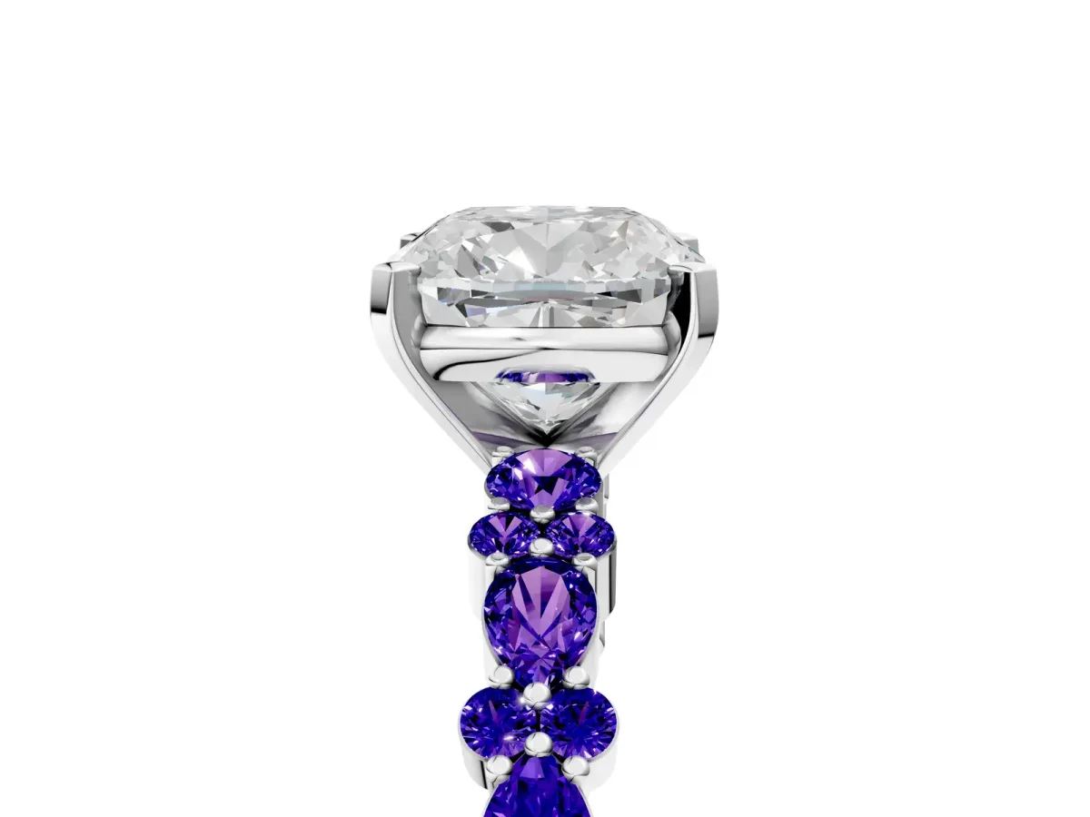 Cushion Cut Diamond Side Stone Solitaire Ring with Round Tanzanite and Four-Prong Setting White gold