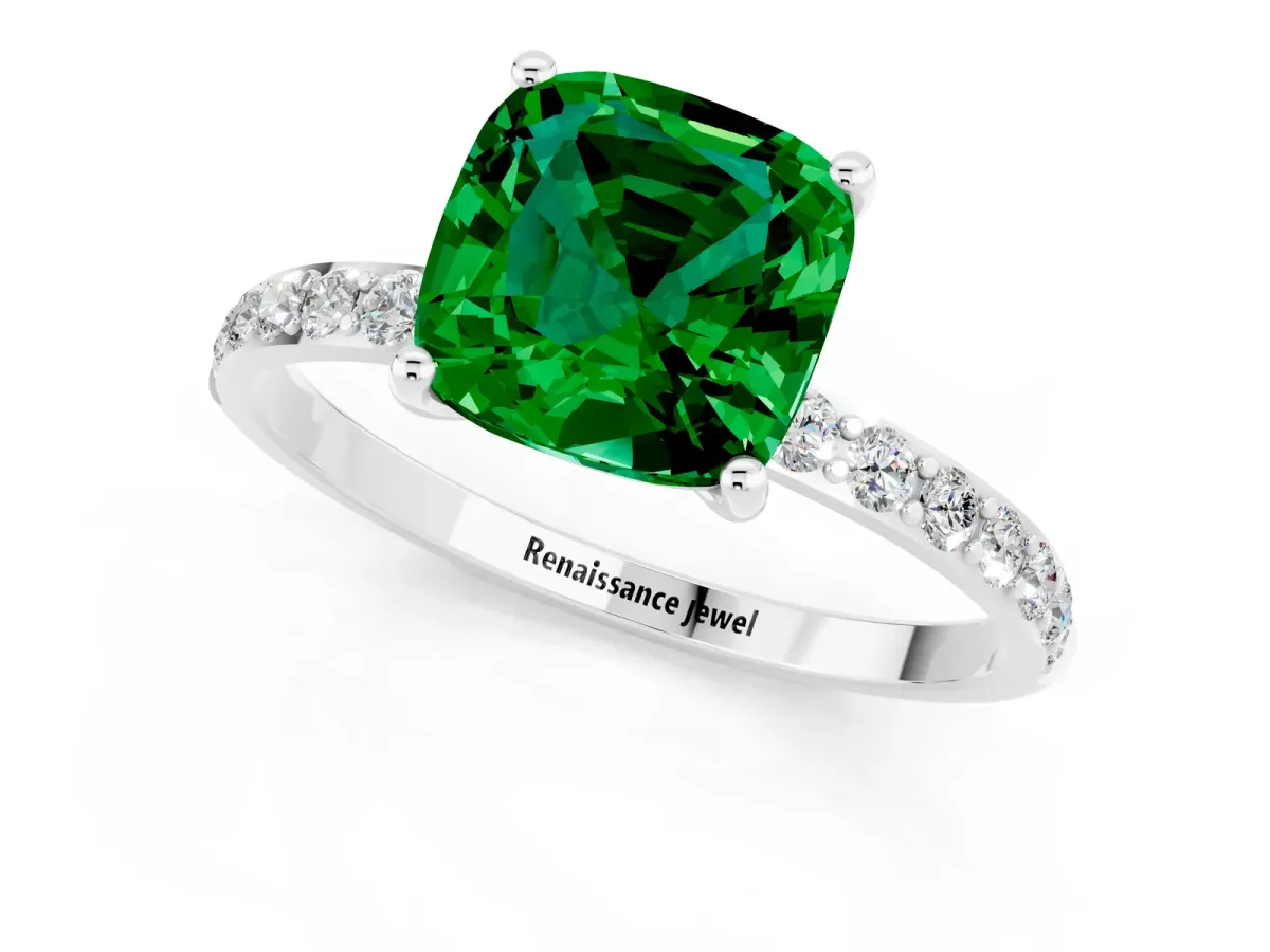Cushion Cut Emerald Solitaire Ring with Round Pavé Band and Prong Setting White gold