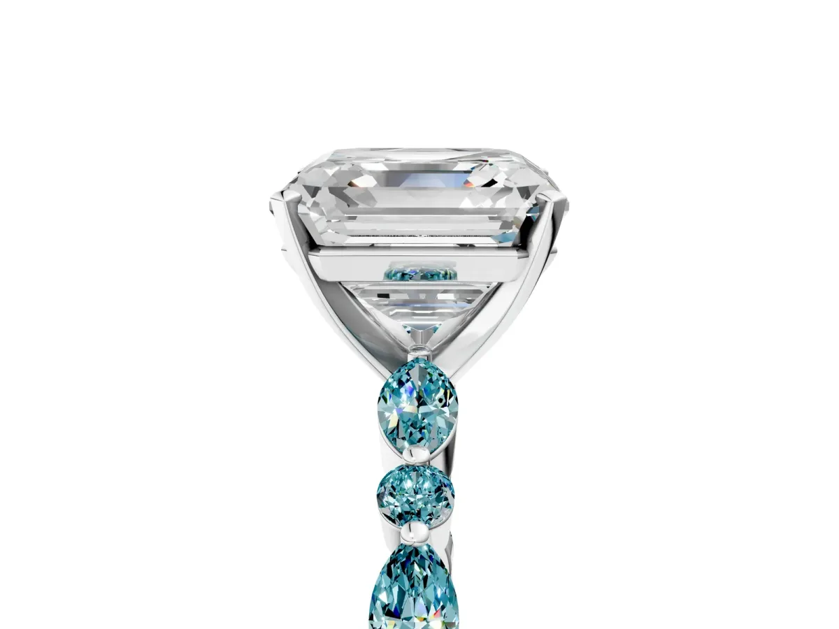 Asscher Cut Diamond Ring with Marquise and Round Blue Topaz Side Stones and Four-Prong Setting Silver