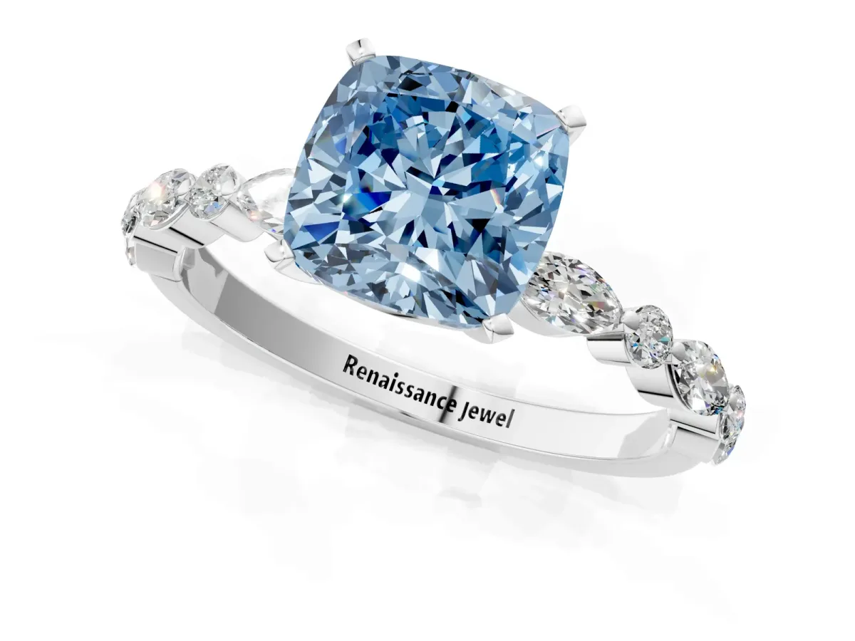 Fancy Blue Cushion Cut Diamond Ring with Marquise and Round Side Stones and Four-Prong Setting Platinum