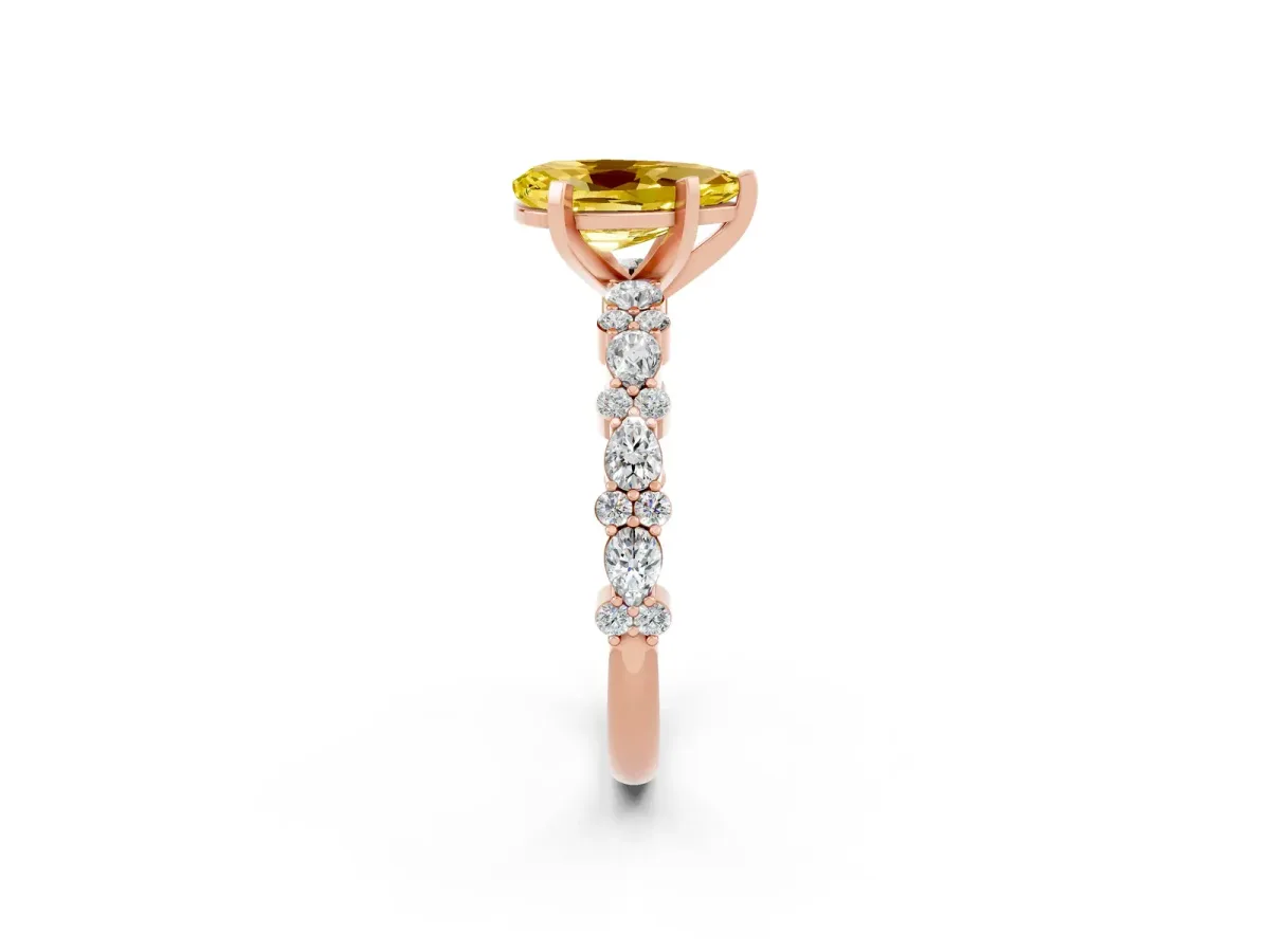 Pear Cut Yellow Sapphire Side Stone Solitaire Ring with Round and Four-Prong Setting Rose gold