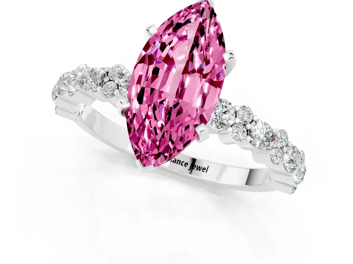 Marquise Cut Pink Sapphire Side Stone Solitaire Ring with Round and Four-Prong Setting White gold
