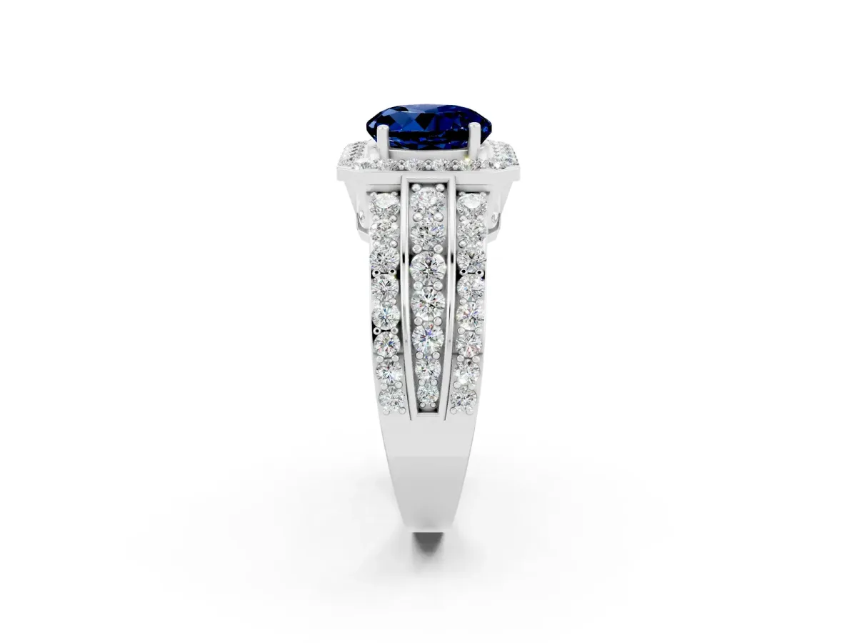 Round Cut Halo Blue Sapphire Ring with Round Split Shank and Prong Setting Silver