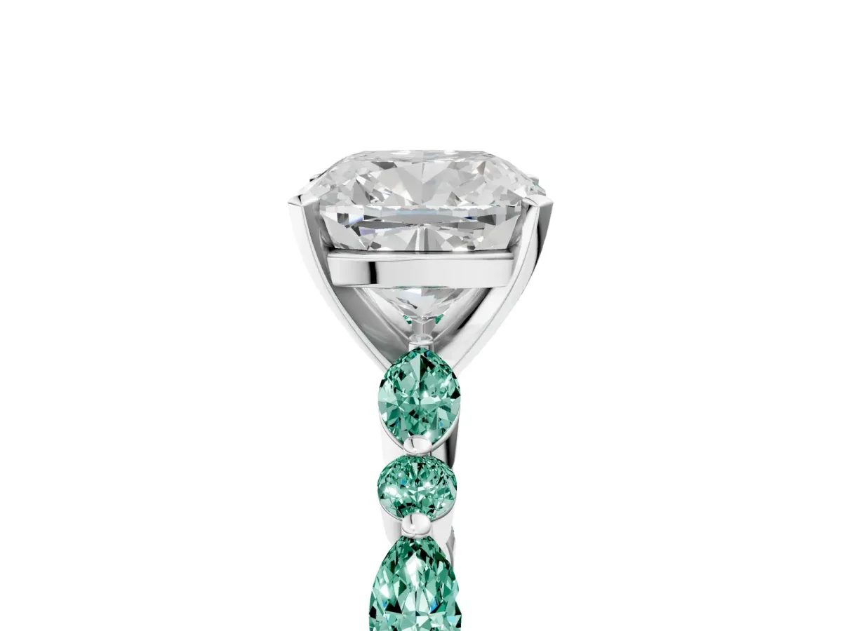 Cushion Cut Diamond Ring with Marquise and Round Green Sapphire Side Stones and Four-Prong Setting Silver