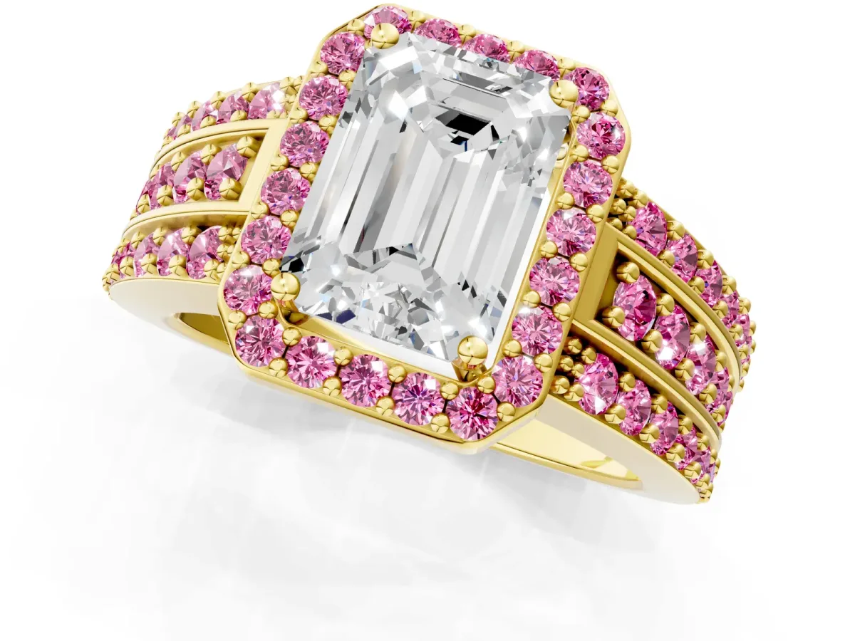 Emerald Cut Halo Diamond Ring with Round Pink Sapphire Split Shank and Prong Setting Yellow gold