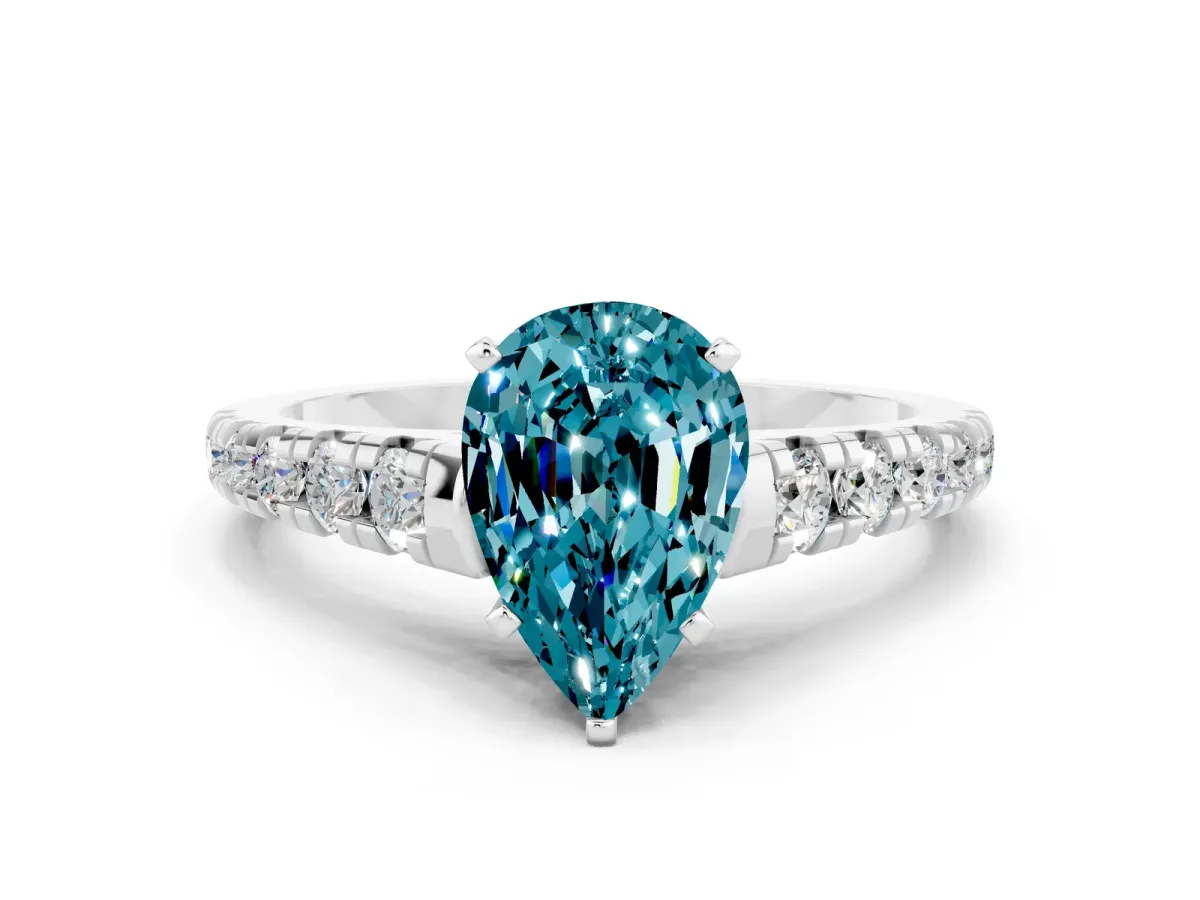 Pear Cut Blue Topaz Cathedral Solitaire Ring with Round Pavé Band Platinum