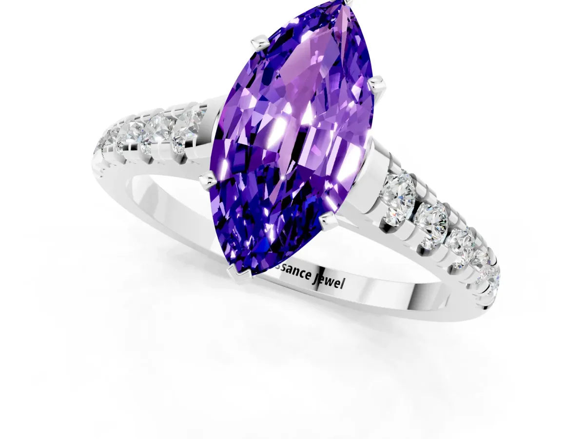 Marquise Cut Tanzanite Cathedral Solitaire Ring with Round Pavé Band Platinum