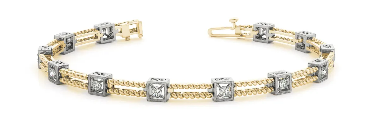 Princess Cut Diamond Box Link Tennis Bracelet with Milgrain Prong Setting Yellow gold
