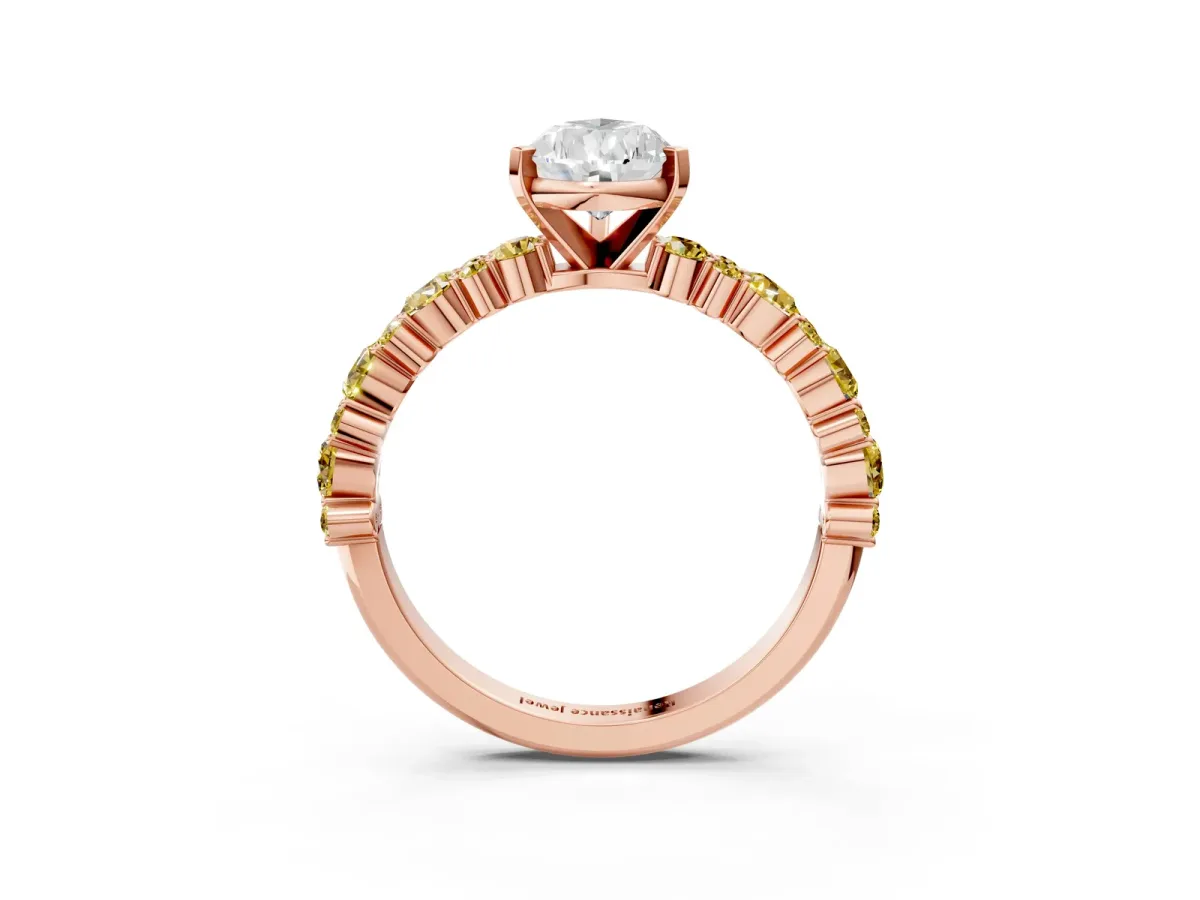 Pear Cut Diamond Side Stone Solitaire Ring with Round Yellow Sapphire and Four-Prong Setting Rose gold