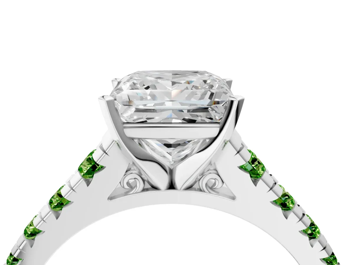 Princess Cut Diamond Cathedral Solitaire Ring with Round Peridot Pavé Band Platinum