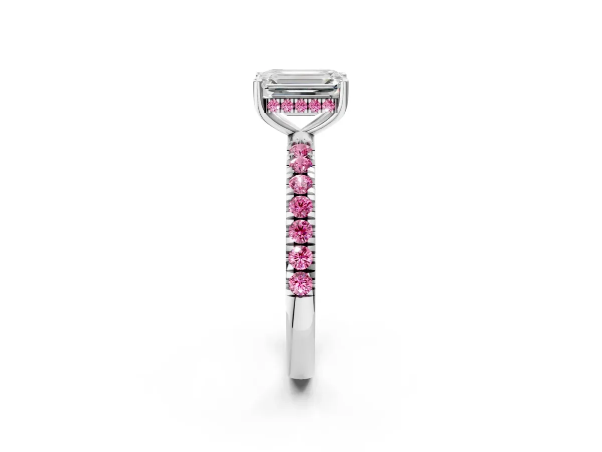 Emerald Cut Diamond Pave Band Solitaire Ring with Round Pink Sapphire and Prong Setting Platinum