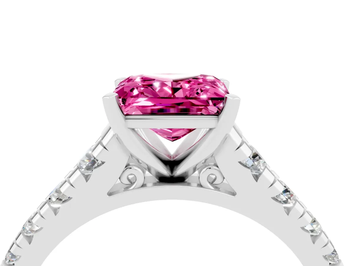 Princess Cut Pink Sapphire Cathedral Solitaire Ring with Round Pavé Band Platinum