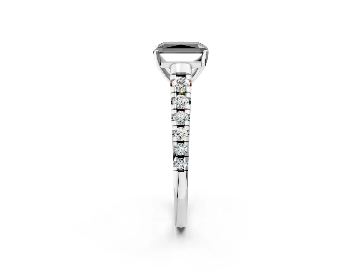 Fancy Black Radiant Cut Diamond Cathedral Solitaire Ring with Round Pavé Band Silver
