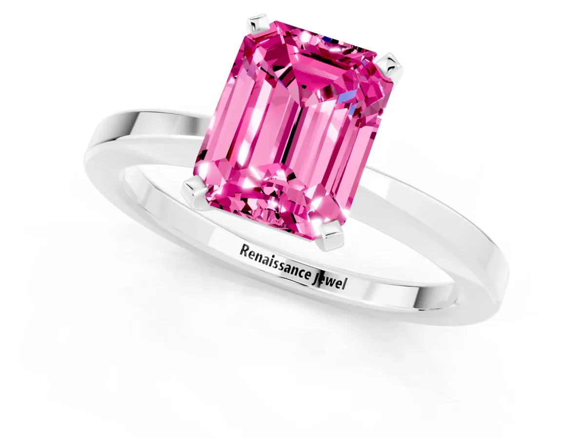 Emerald Cut Pink Sapphire Solitaire Engagement Ring with Classic Band and Four-Prong Setting Silver