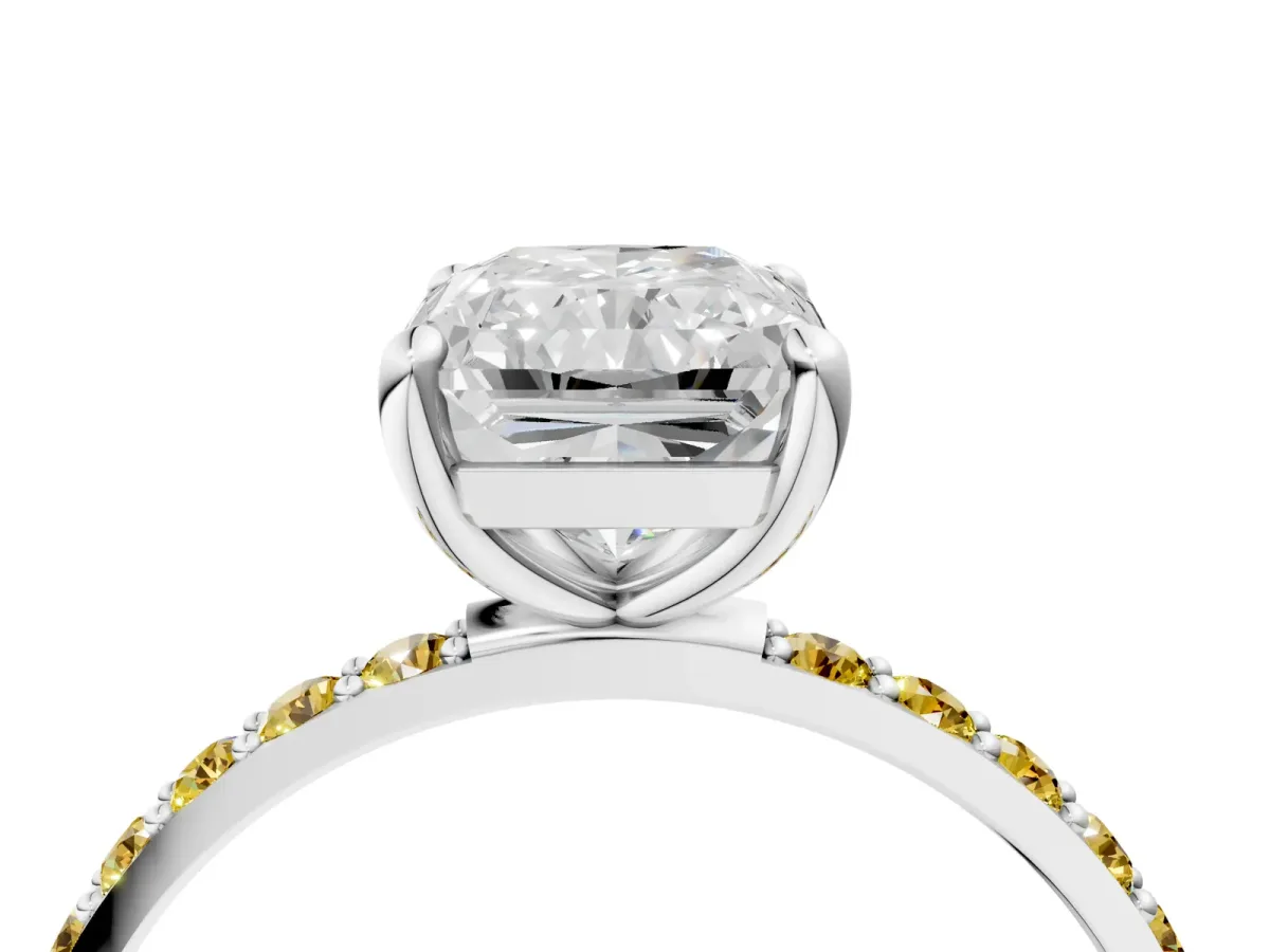 Radiant Cut Diamond Solitaire Ring with Round Yellow Sapphire Pavé Band and Prong Setting Silver