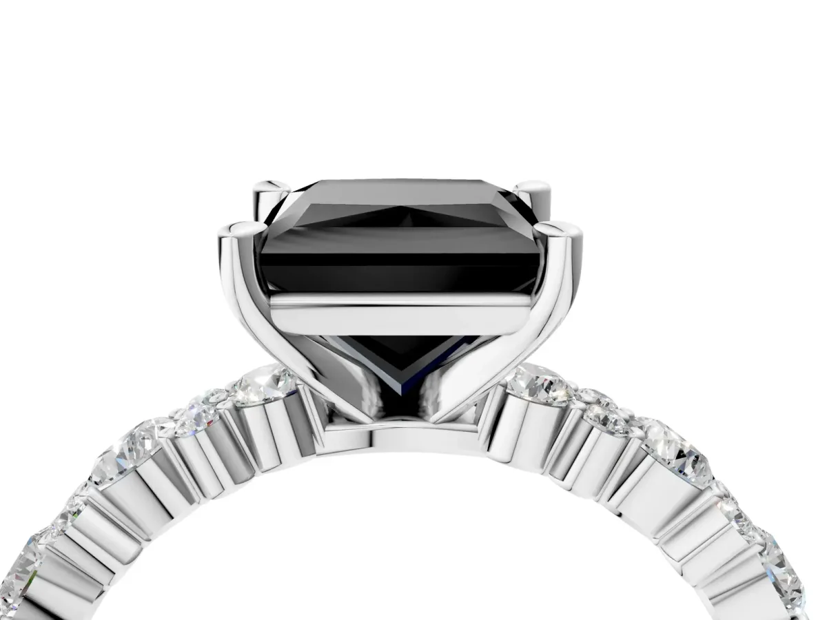 Fancy Black Princess Cut Diamond Side Stone Solitaire Ring with Round and Four-Prong Setting Platinum
