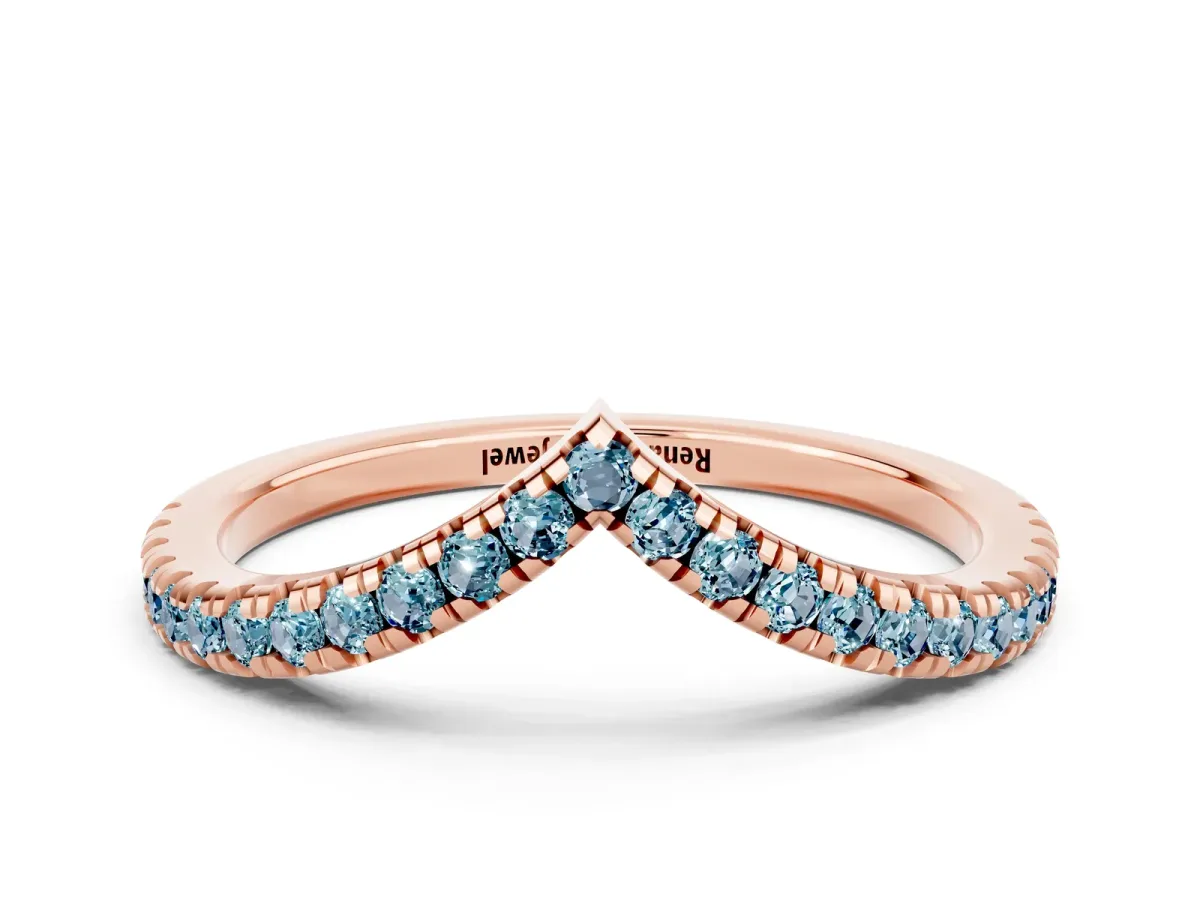 Pavé Round Aquamarine V-Shaped Chevron Band with Shared Prong Setting Rose gold