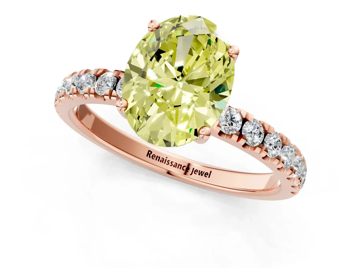 Fancy Yellow Oval Cut Diamond Pave Band Solitaire Ring with Round and Prong Setting Rose gold