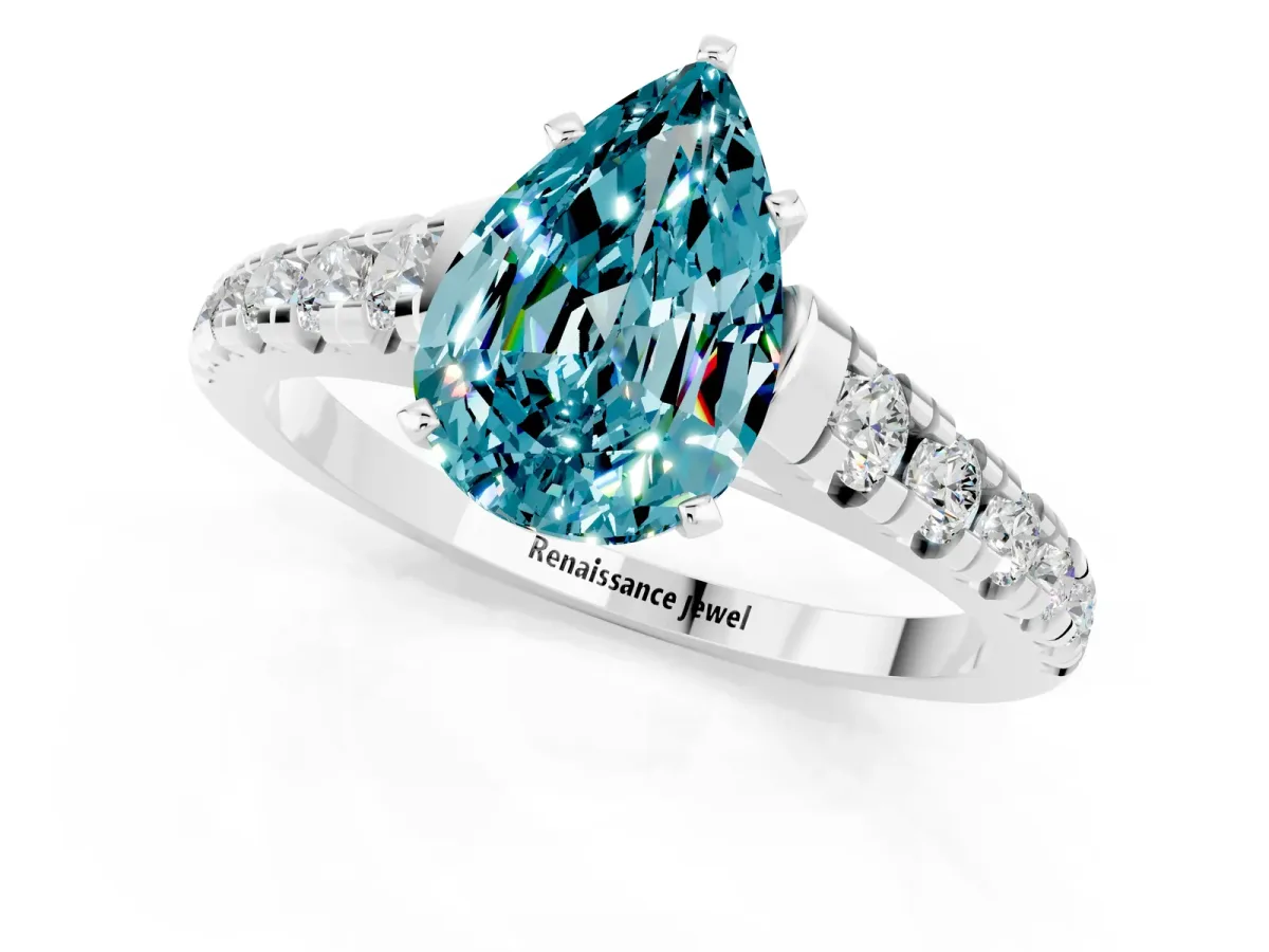 Pear Cut Blue Topaz Cathedral Solitaire Ring with Round Pavé Band Platinum