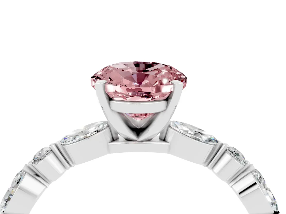 Oval Cut Morganite Ring with Marquise and Round Side Stones and Four-Prong Setting Silver