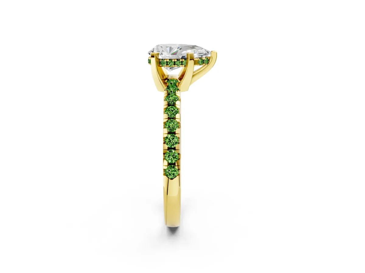 Pear Cut Diamond Solitaire Ring with Round Peridot Pavé Band and Four-Prong Setting Yellow gold