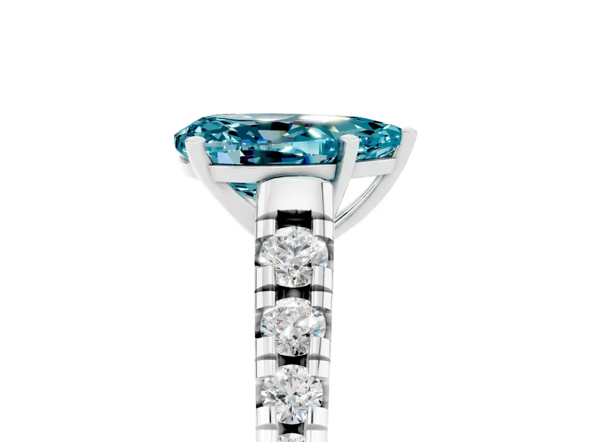 Pear Cut Blue Topaz Cathedral Solitaire Ring with Round Pavé Band Platinum