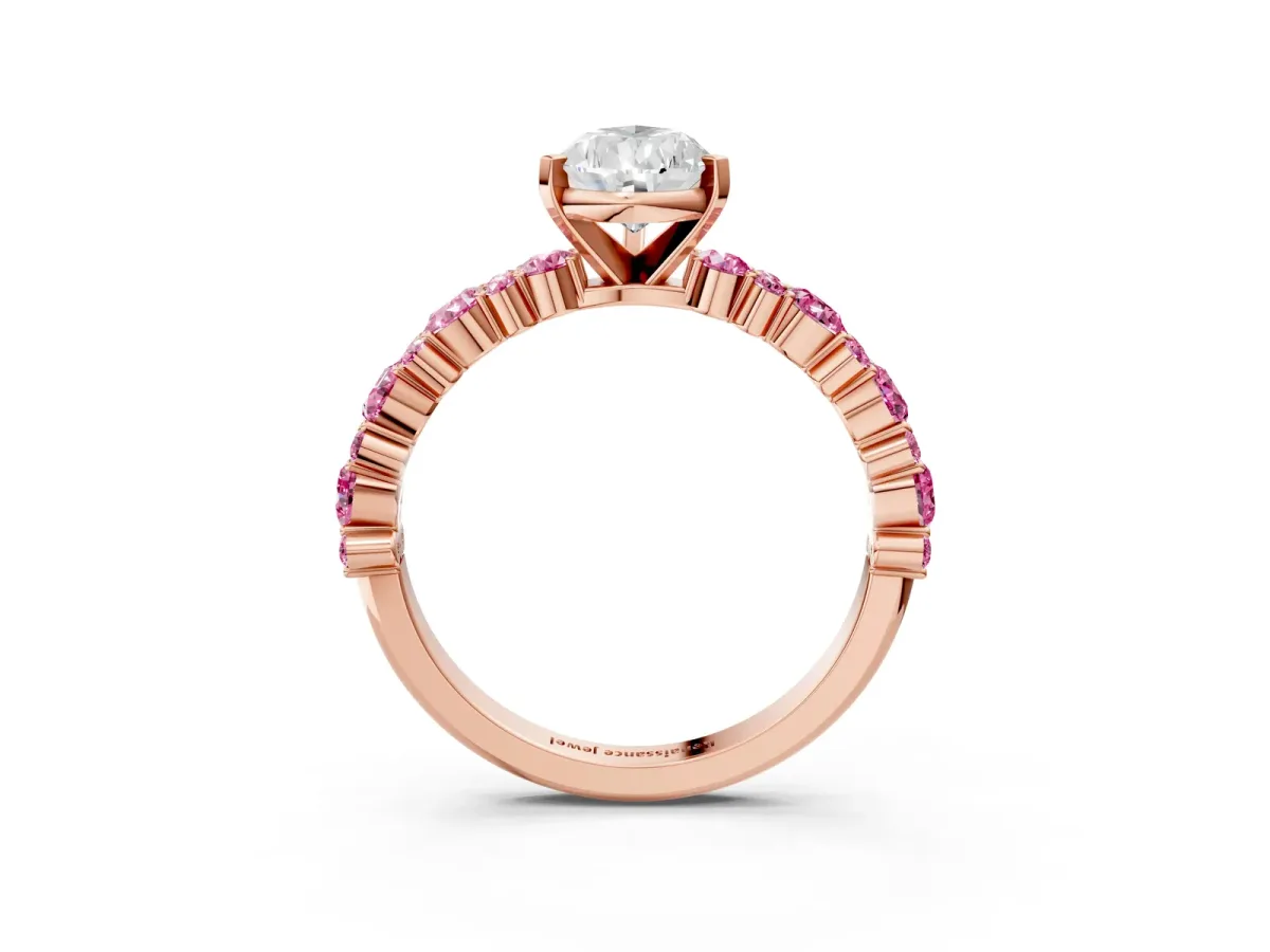 Pear Cut Diamond Side Stone Solitaire Ring with Round Pink Sapphire and Four-Prong Setting Rose gold