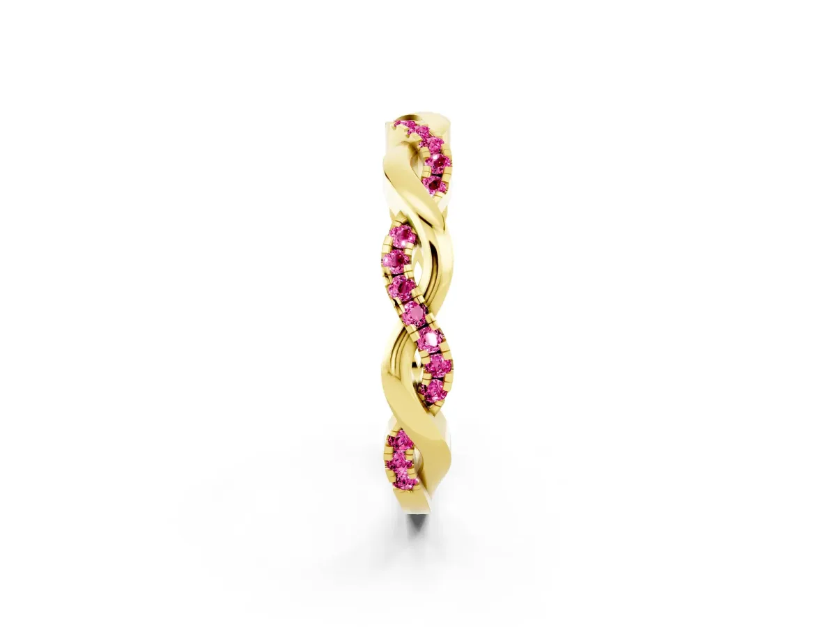 Round Pink Sapphire Twist Eternity Band with Pavé Setting Yellow gold