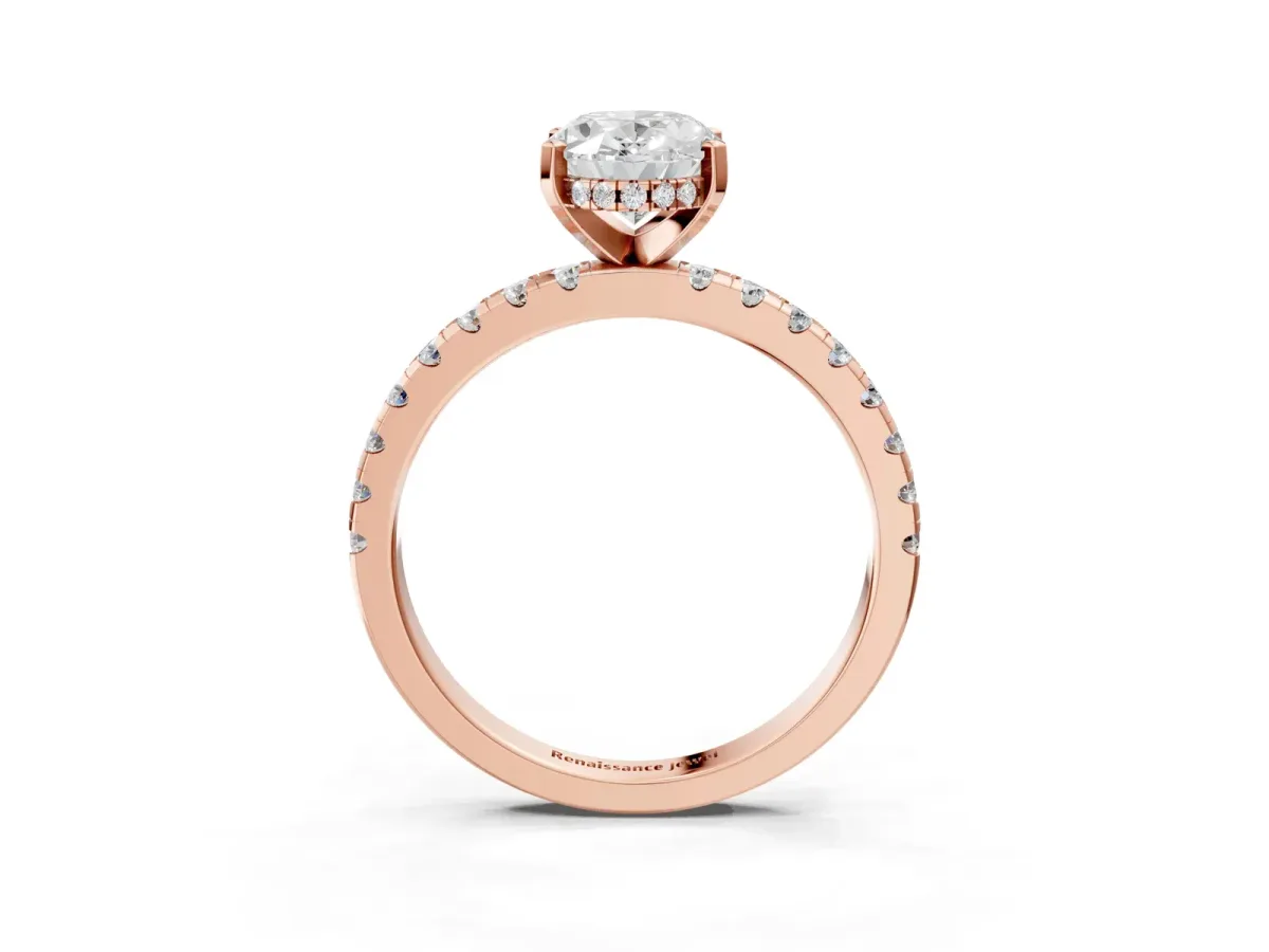 Oval Cut Diamond Solitaire Ring with Round Moissanite Pavé Band and Four-Prong Setting Rose gold