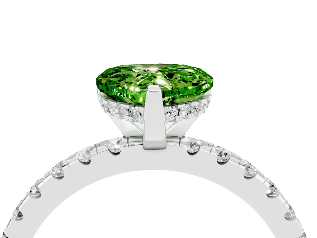 Heart Cut Peridot Solitaire Ring with Round Pavé Band and Four-Prong Setting Platinum
