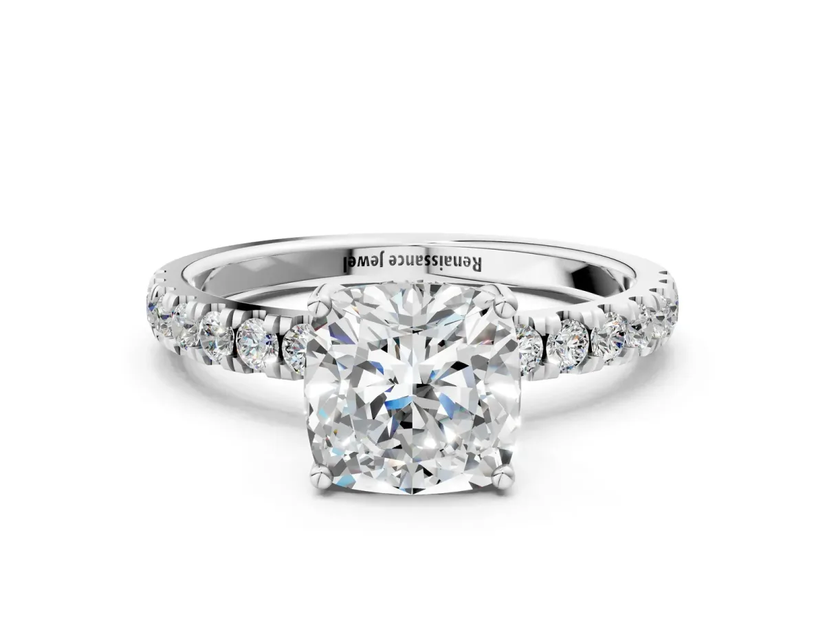Cushion Cut Diamond Pave Band Solitaire Ring with Round and Prong Setting White gold