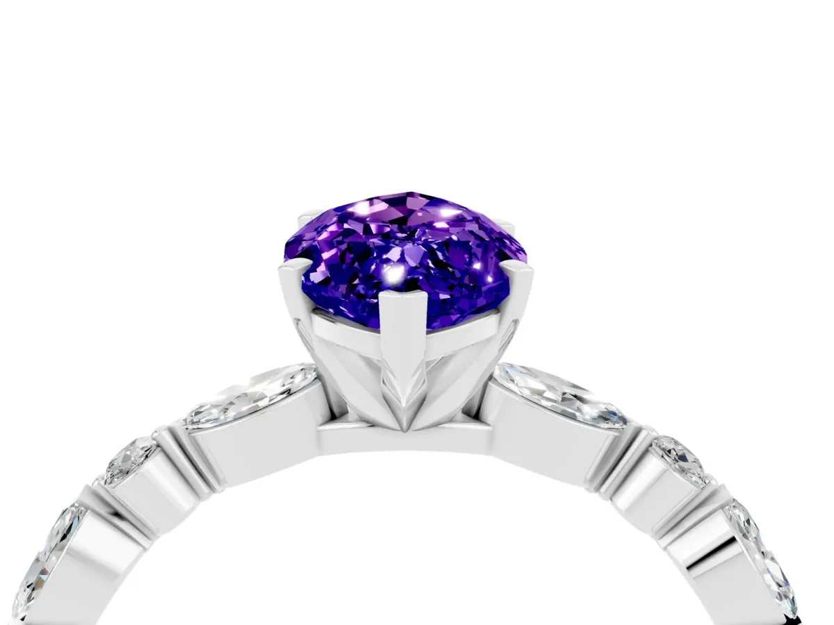 Marquise Cut Tanzanite Ring with Marquise and Round Side Stones and Four-Prong Setting Silver