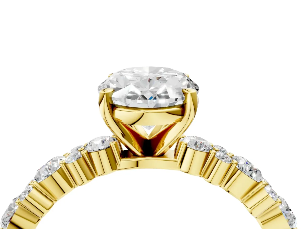 Oval Cut Diamond Side Stone Solitaire Ring with Round Moissanite and Four-Prong Setting Yellow gold