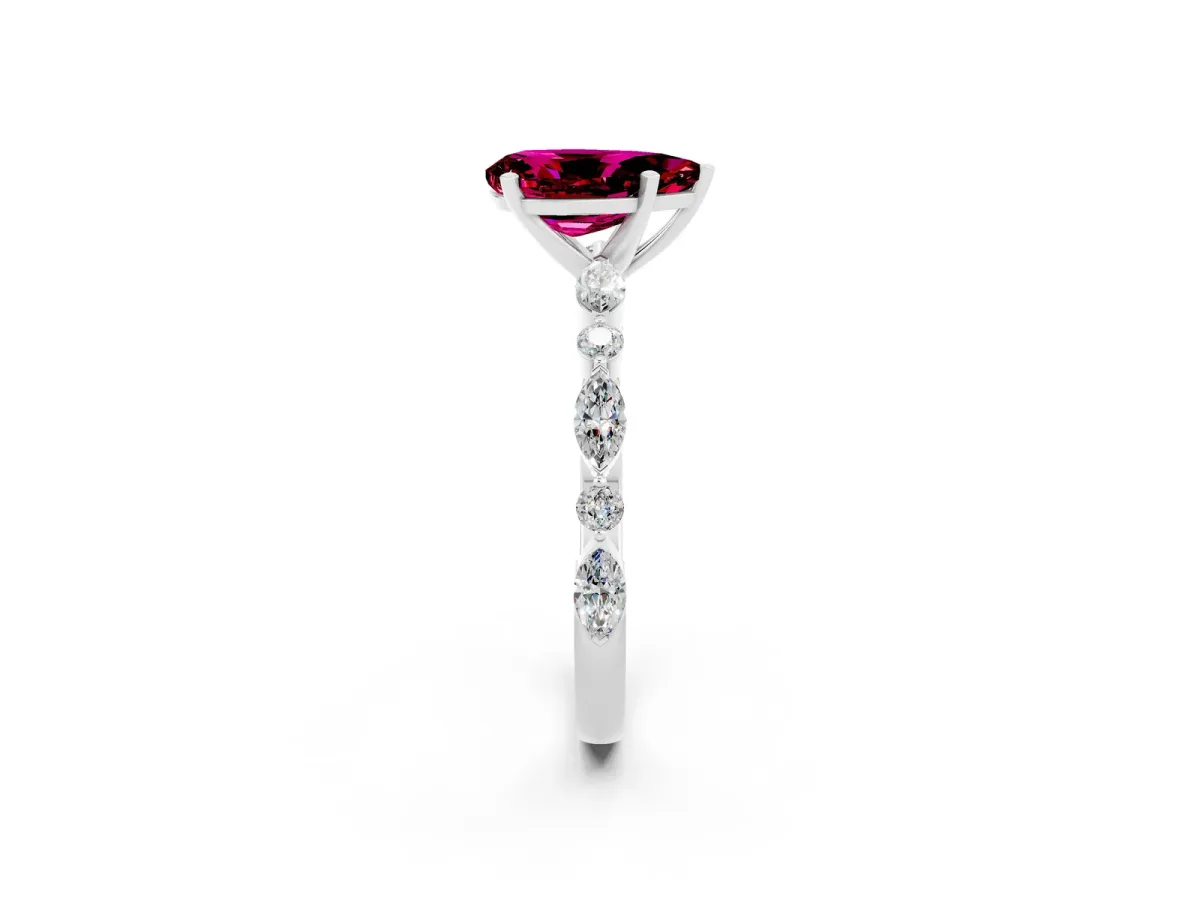 Pear Cut Garnet Ring with Marquise and Round Side Stones and Four-Prong Setting Silver