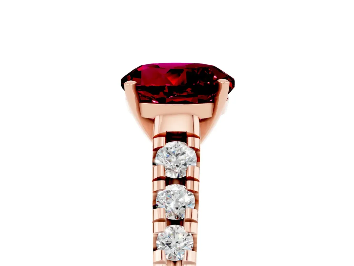 Round Cut Garnet Cathedral Solitaire Ring with Round Pavé Band Rose gold