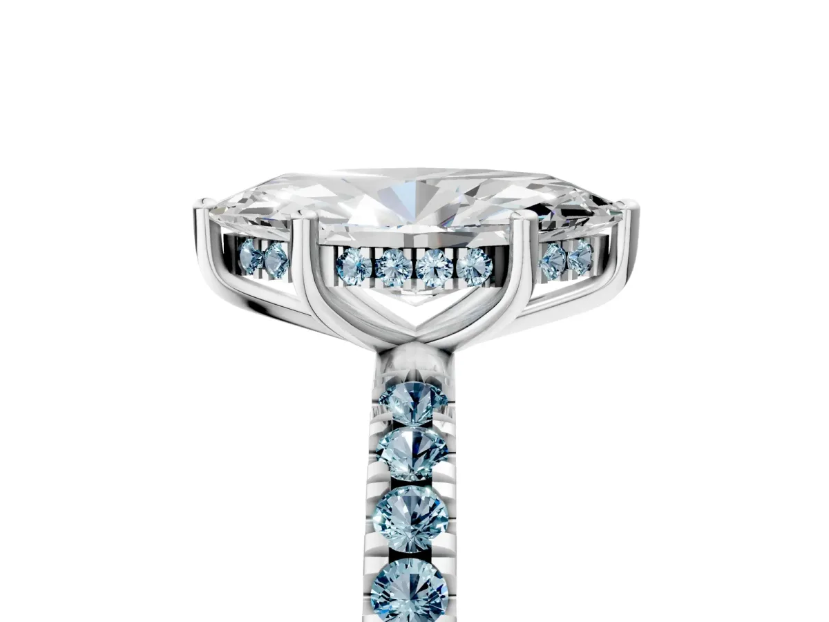 Marquise Cut Diamond Pave Band Solitaire Ring with Round Aquamarine and Prong Setting Silver
