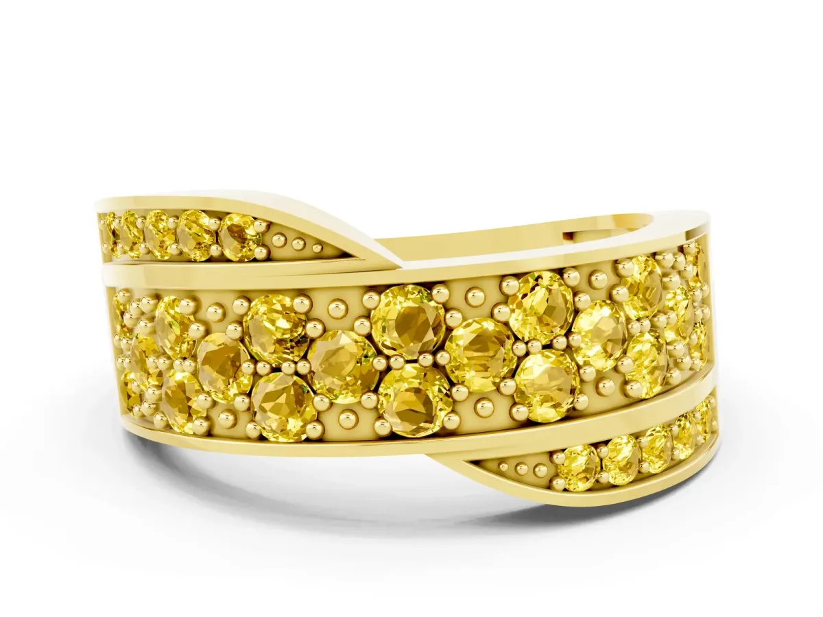 Pavé Round Yellow Sapphire Crossover Band with Bead Prong Setting Yellow gold