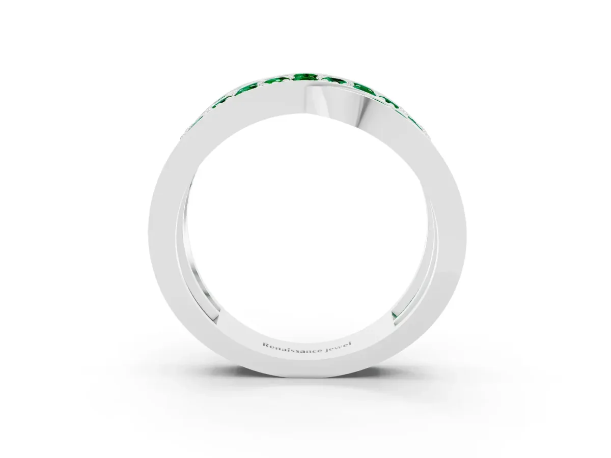 Pavé Round Emerald Crossover Band with Bead Prong Setting Platinum