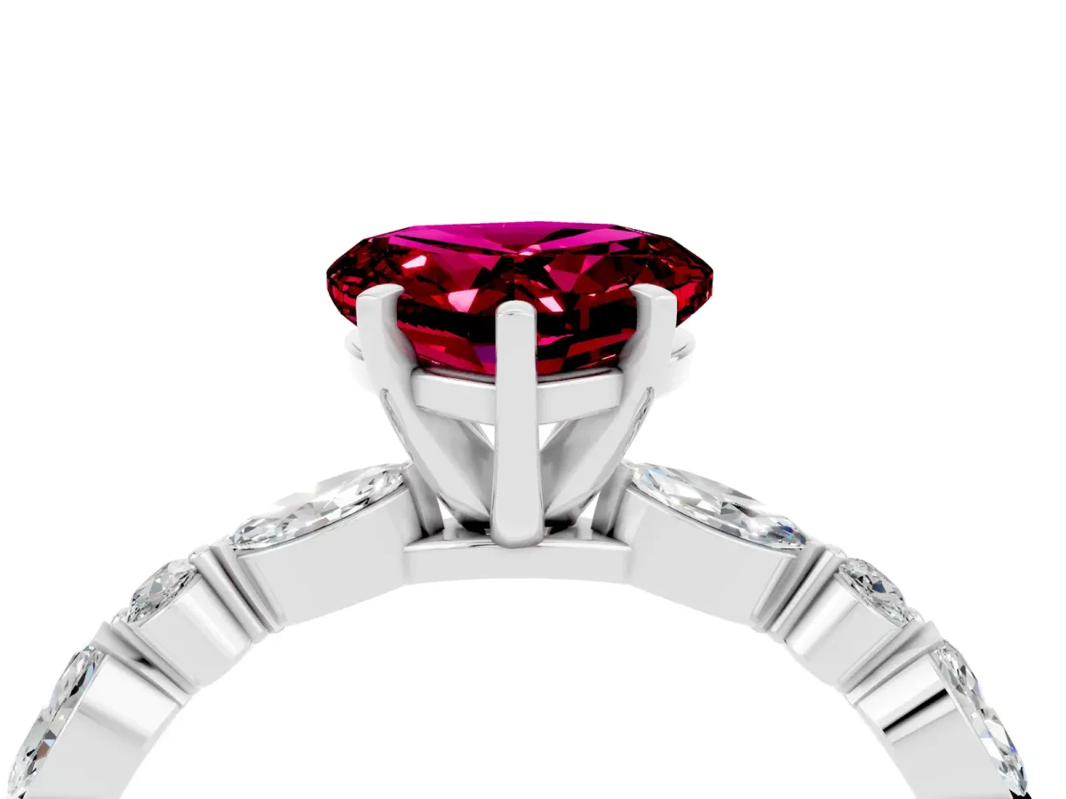Heart Cut Garnet Ring with Marquise and Round Side Stones and Four-Prong Setting Silver