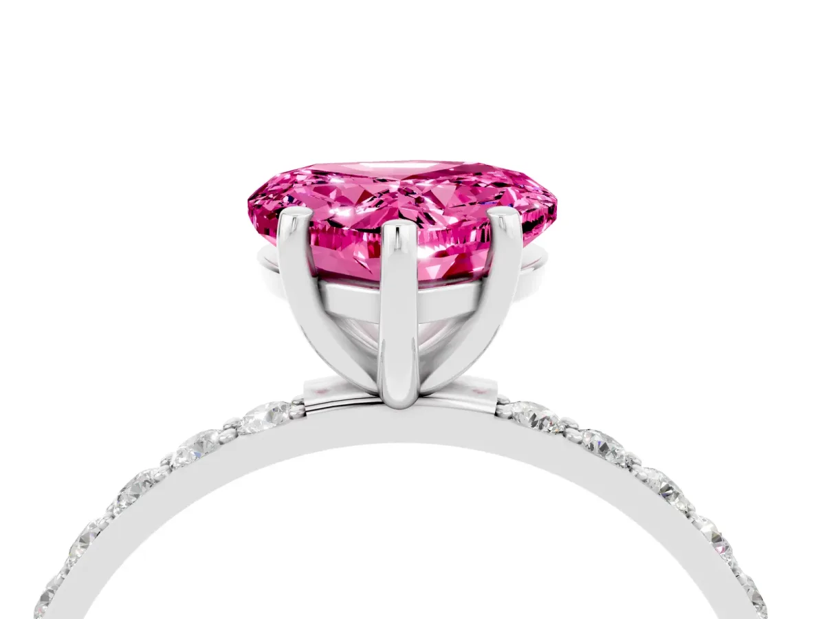 Heart Cut Pink Sapphire Solitaire Ring with Round Pavé Band and Prong Setting Platinum