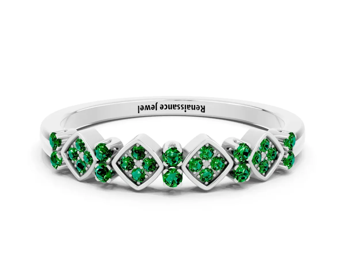 Pavé Cushion Emerald Cluster Eternity Band with Prong Setting Silver