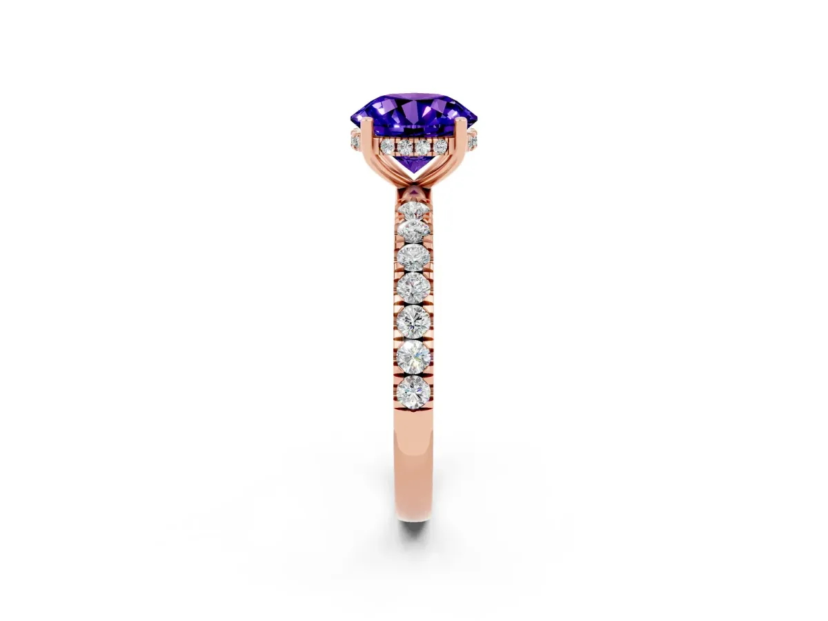 Round Cut Tanzanite Pave Band Solitaire Ring with Round and Prong Setting Rose gold