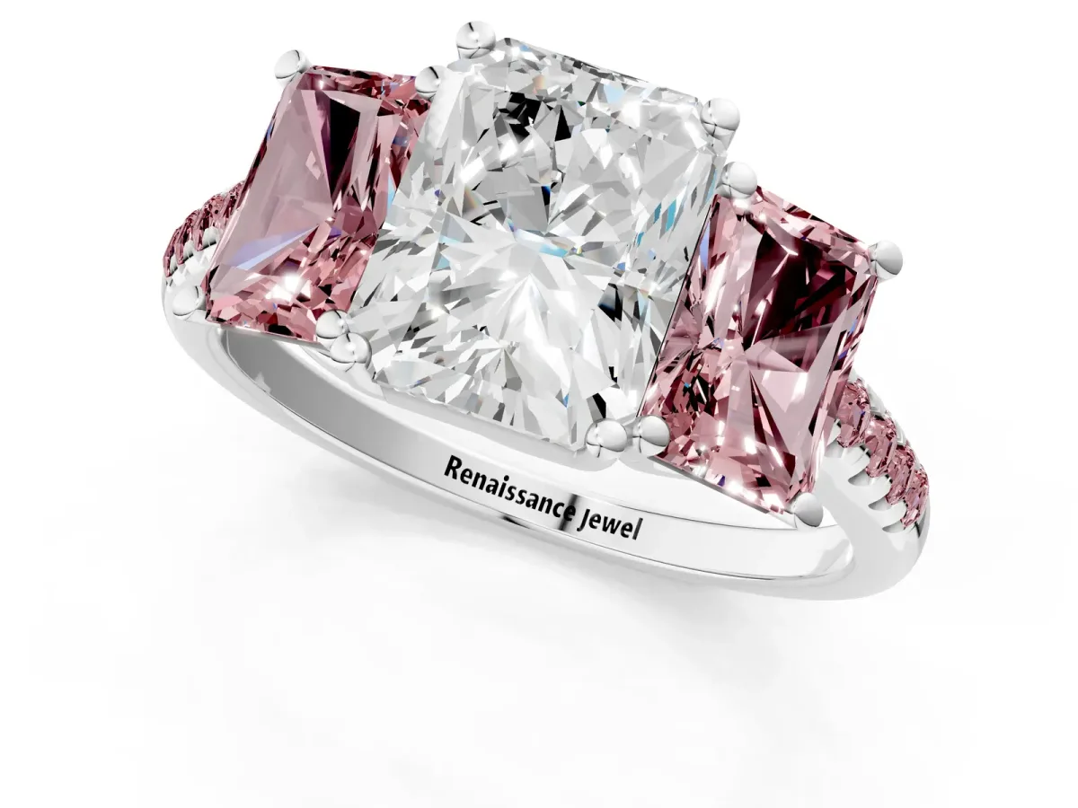 Three-Stone Radiant Cut Diamond Ring with Round Morganite Pavé Band and Prong Setting Silver