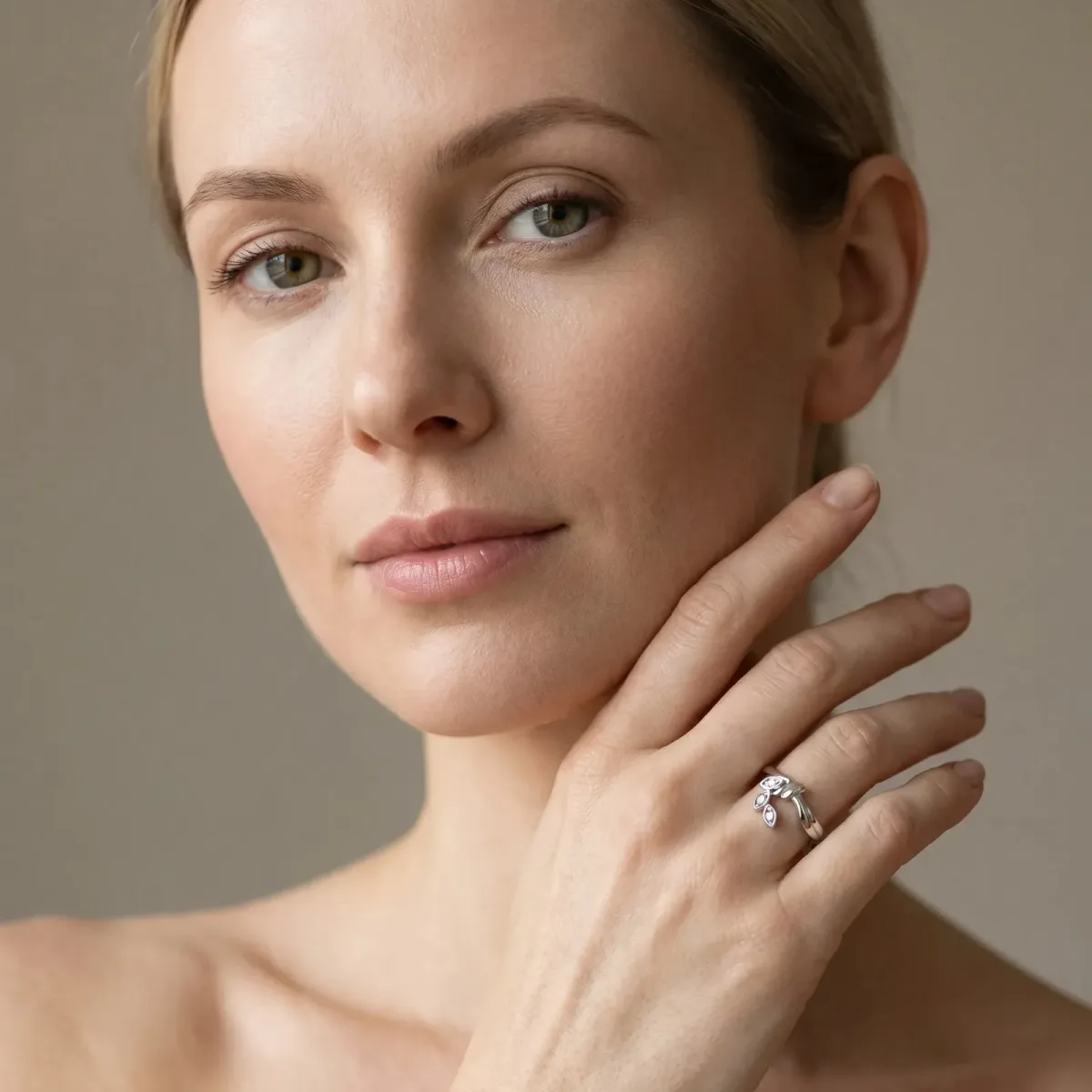 Three-Stone Round Diamond Leaf Bypass Ring with Bezel Setting White gold