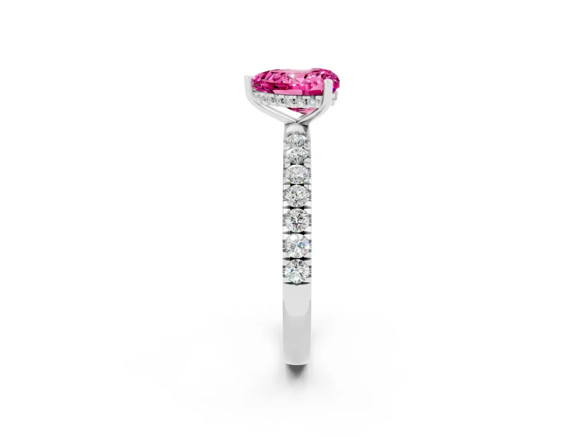 Heart Cut Pink Sapphire Pave Band Solitaire Ring with Round and Prong Setting Silver