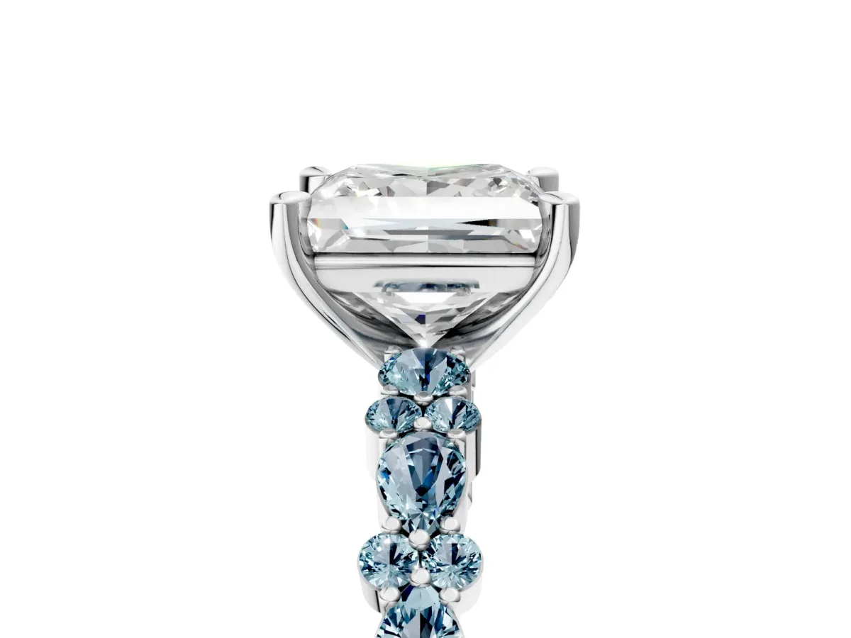 Princess Cut Diamond Side Stone Solitaire Ring with Round Aquamarine and Four-Prong Setting Platinum