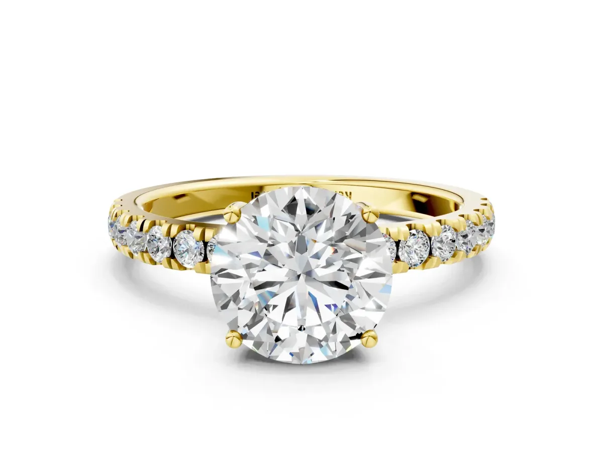 Round Cut Diamond Pave Band Solitaire Ring with Round and Prong Setting Yellow gold