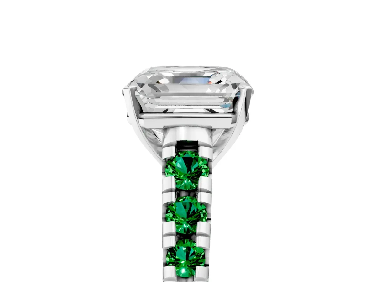 Asscher Cut Diamond Cathedral Solitaire Ring with Round Emerald Pavé Band White gold