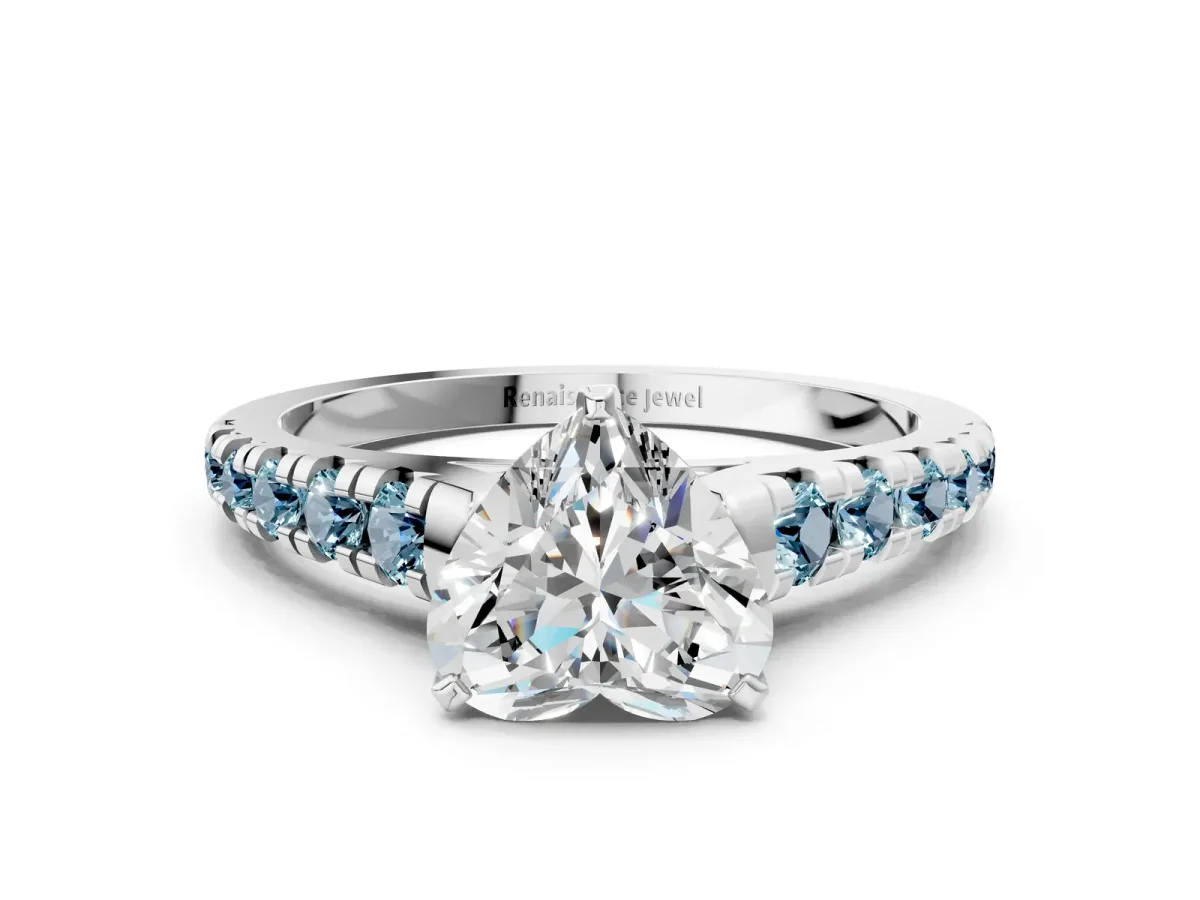 Heart Cut Diamond Cathedral Solitaire Ring with Round Aquamarine Pavé Band Silver